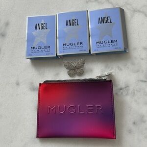 Mugler Pink & Purple zipper pouch 3 Angle travel sprays diamond 🦋 brooch $20
